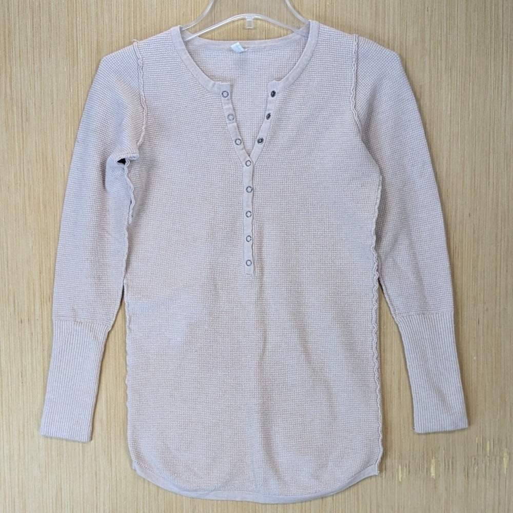Intimately Free People Thermal Henley Top Waffle Knit Size L Soft Pink Beige